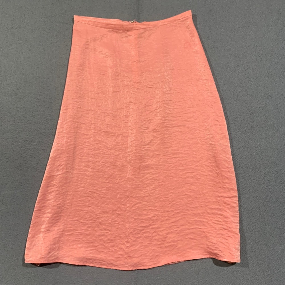 JustFab Midi Skirt Women Size S Coral Pink Hammered Satin Slip A-Line Zip Back